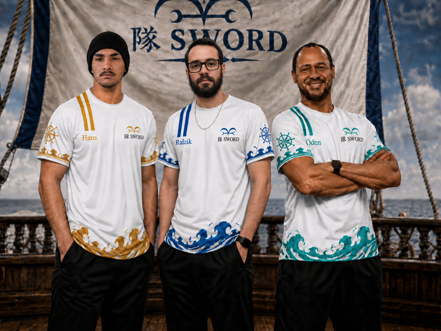Hans, Ralzik e Rivas vestindo os uniformes oficiais do Alto Comando da SWORD
